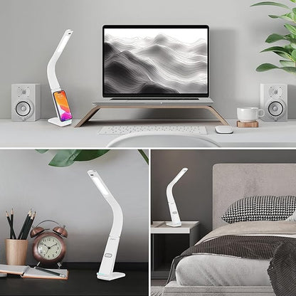 LED Desk Lamp with USB Charging Port, 10W wireless charger, Stepless dimmable, Natural Lights, Desk Lights for Home Office, Office Desk Lamp Eye Caring Reading Light, Gesture Control Table Lamp