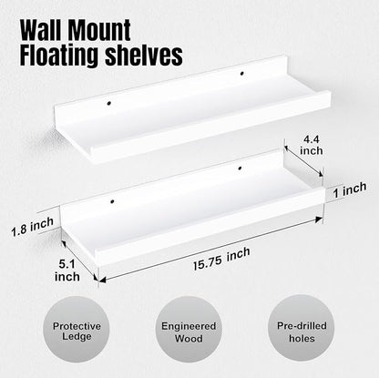 RICHER HOUSE 8 Set Floating Wall Mounted Shelves, Nursery Hanging Book Shelves with Lip for Storage, White Display Picture Ledge Shelf for Bedroom Bathroom Kitchen Living Room Wall Decor, Modern White | Display Picture Ledge Shelf, Anti-drop lip Shelf ...