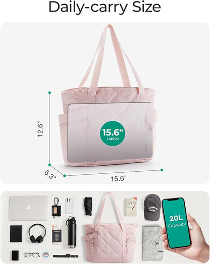 BAGSMART Crush Tote Bag for Women, 20L Puffer Work Tote with Zipper | Quilted Nurse Hospital Bag For Travel College Gym
