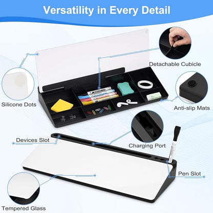 Desktop Glass Whiteboard with Storage, Desk White Board with Computer Keyboard Stand, White Dry Erase Board with Drawers for Home, School, Office Desk Organizers and Accessories