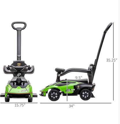 Aosom 2-in-1 Ride On Push Car for Toddlers 1-3, Licensed Lamborghini Stroller Sliding Car, Push-Along with Under Seat Storage Horn Engine Sound and Steering Wheel, Manual, Green
