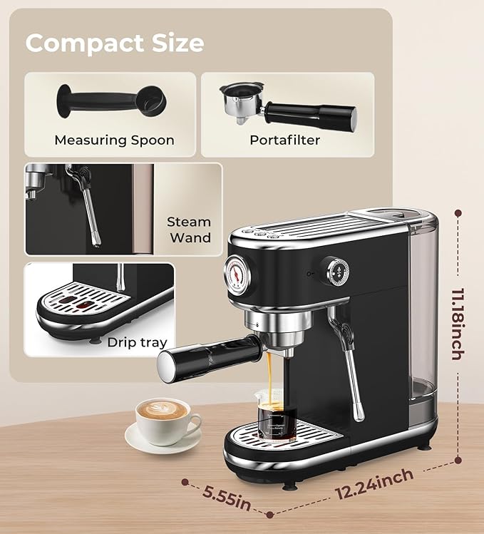 atatix 20 Bar Espresso Machine with Milk Frother, Compact Espresso Maker | Black Stainless Steel Coffee Machine,with Precise Temp Contro, 44oz Removable Water Tank for Latte, Cappuccino