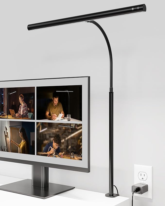 SUPERDANNY Desk Lamp for Home Office, Eye-Caring Desk Light with Adjustable Gooseneck, 12W Touch Control Dimmable Brightness, Architect Clamp Lamp for Computer Monitor