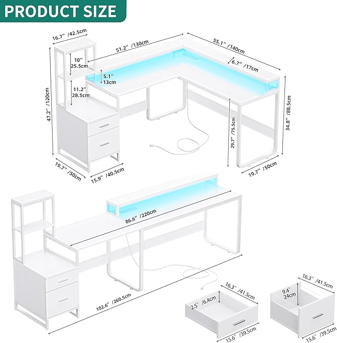 YITAHOME L Shaped Desk with Power Outlets & Hutch, Computer Desk with Drawers & LED Lights, Reversible Corner Office Desk with Printer Stand for Home Office, White