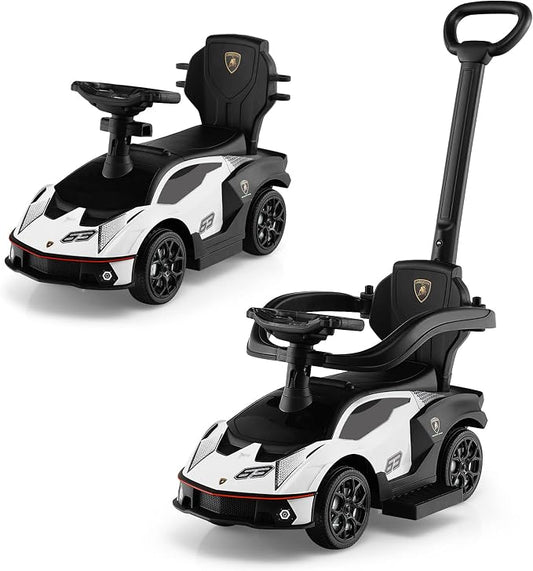 Costzon Push Cars for Toddlers, 3 in 1 Licensed Lamborghini Stroller Sliding Walking Car w/Handle, Armrest Guardrail, Underneath Storage, Horn, Foot-to-Floor Ride On Toy for Boys Girls (White)