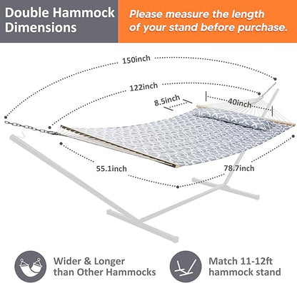 SUNCREAT Double Quilted Hammock with Hardwood Spreader Bar, Extra Large Soft Pillow, Heavy Duty 2 Person Hammock for Indoor, Outdoor, Grey Pattern