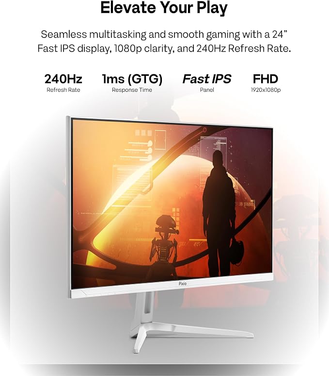 Pixio PX249 Wave White 24 inch 240Hz Refresh Rate FHD 1080p Resolution Fast IPS Panel 1ms GTG Response Time Built-in Speakers Gaming Monitor with Adaptive Sync