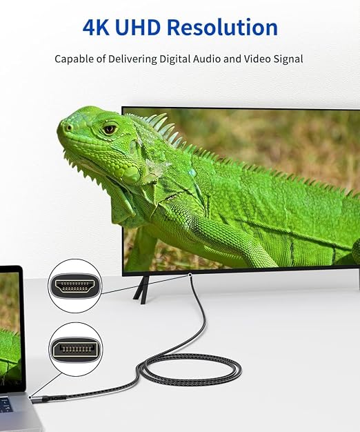 JSAUX DisplayPort to HDMI Cable 10FT, Uni Directional, DP Source to HDMI Display, UHD 1440P/2K@60Hz, 4K@30Hz, Nylon Cord for Desktops, Graphics Cards, and Laptops with Native DisplayPort Output