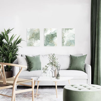 Sage Green Wall Art Set of 3,Abstract Green Wall Decor Living Room,Minimalist Modern Framed Wall Art Marble Line Beige Gold Green Canvas Artwork Paintings,Boho Room Decor,Bedroom Bathroom Office Artwork,12"x16"
