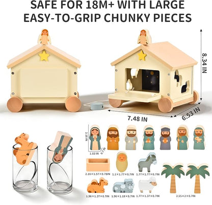 Wooden Nativity Set Montessori Toys for 1 Year Old - Baptism Gifts for Boys Girls - Religious Christening Gift - Bible Toys for Toddlers 1-3 House on Wheels Shape Sorter