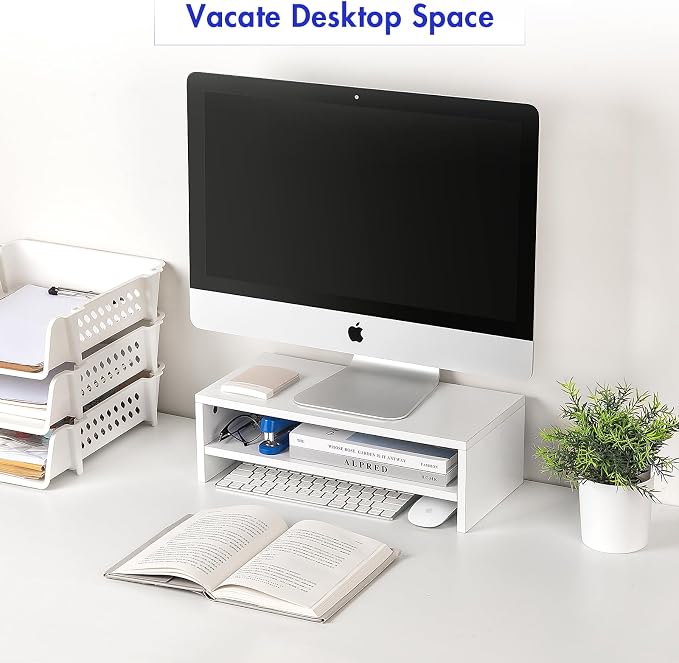 BEYGORM White Monitor Stand Riser for Desk,2 Tiers Wood Desk Shelf Computer Screen Stand with Storage for Desktop Laptop/Screen/TV/PC/Printer,Multifunctional Desktop Organizer 16.5 x 7.8 x 5.2 inch | Computer Screen Stand with Storage, For Desktop Lapt...