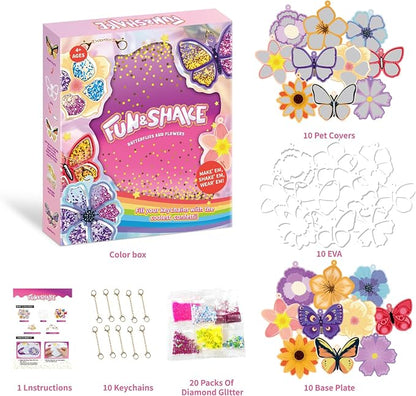 Artnedu Shake-its– Fun&Shake Kit de artesanato com Glitter para crianças, artes e artesanato DIY com chaveiros,Flowers & Butterflies,Creative Gift for Girls & Boys Ages 4, 5, 6, 7, 8, 9, 10