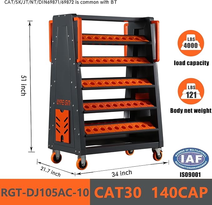 CAT30 CNC Tool Cart-140 Cap, 5-Tier CNC Rolling Carts with Wheels，40 Taper Tool Holder, CNC Mobile Tool Holder, CNC Tool Organizer, CAT 40 Tool Holder Set for StorehouseFactory Garage