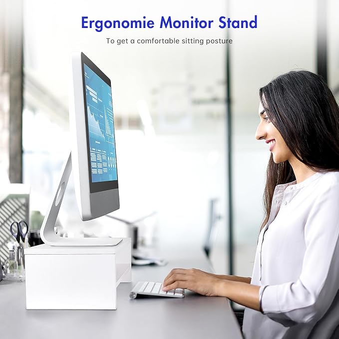 BEYGORM White Monitor Stand Riser for Desk,2 Tiers Wood Desk Shelf Computer Screen Stand with Storage for Desktop Laptop/Screen/TV/PC/Printer,Multifunctional Desktop Organizer 16.5 x 7.8 x 5.2 inch | Computer Screen Stand with Storage, For Desktop Lapt...