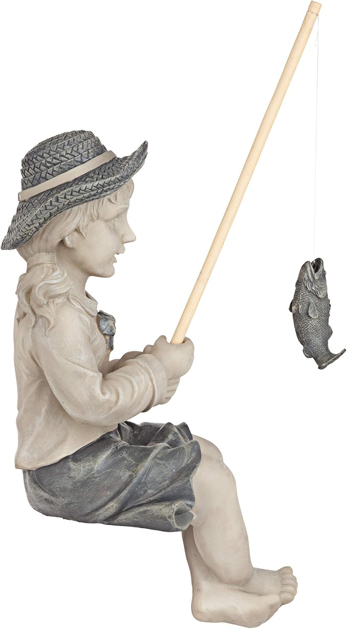 Design Toscano Big Catch Fisherwoman Nellie Girl with Fishing Pole Garden Statue, Medium 17 Inch Tall, Cast Stone Resin, Two Tone Stone Finish