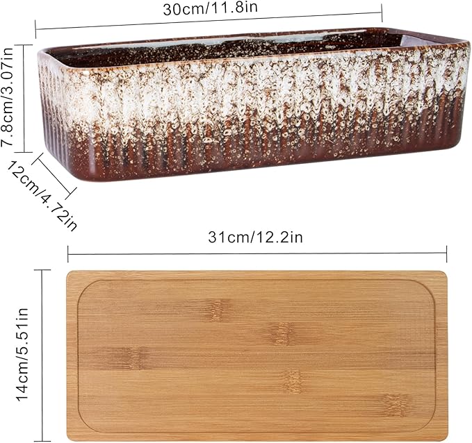 Succulent Pots - 12 Inch Large Succulent Planters with Drainage Tray, Window Sill Planter, Long Rectangle Ceramic Pots for Indoor Cactus Plants Shallow Bonsai Window Box for Home Garden Decor