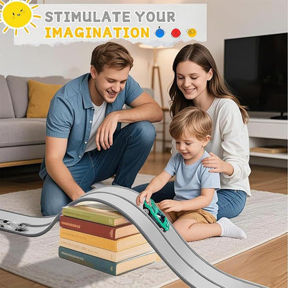 Flexible Race Track for Kids, 16 Ft Flex Race Car Ramp Track with Racing Cars Track Toys Compatible with Diecast 1/64th Hot Wheel Cars Rolls up Portable Car Ramp Toys for Boys and Girls Ages 3+ -