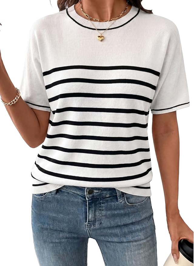 SHEWIN Womens Tops Trendy Short Sleeve Shirts Crewneck Lightweight Knit Sweater Top Business Casual Outfits