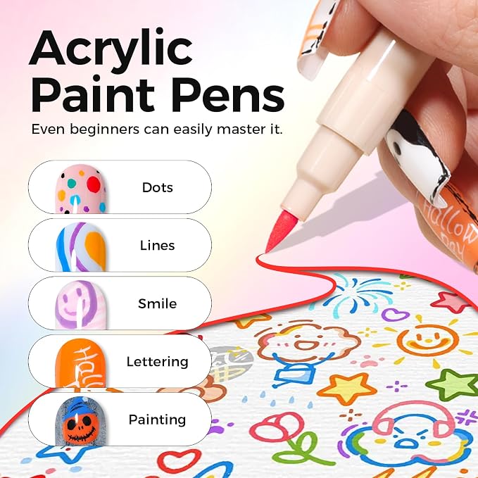 12 Colors Nail Art Pens Set, 3D Nail Polish Pens, Quick-Drying Acrylic Paint Markers, 0.7mm Dotting Painting Liner Brush for DIY Nail Design, Home & Salon Manicure Tools