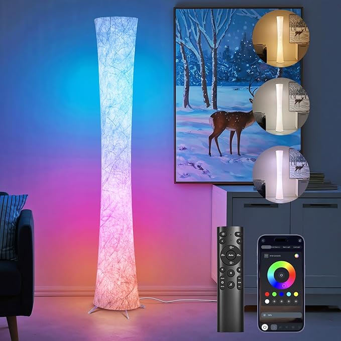 WORLD WIN Floor Lamp, 61'' Smart RGB LED Corner Lamp with Music Sync and 16 Million DIY Colors, 3 Color Temperature, APP & Remote Control, Color Changing Standing Floor Lamp for Bedroom Living Room