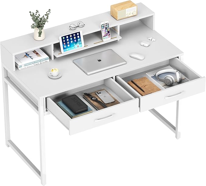 Computer Desk with Drawers, 47" Home Office Desk with Monitor Shelf, Writing Desk with Storage, Gaming Desk Work Desk Study Desk for Bedroom, White