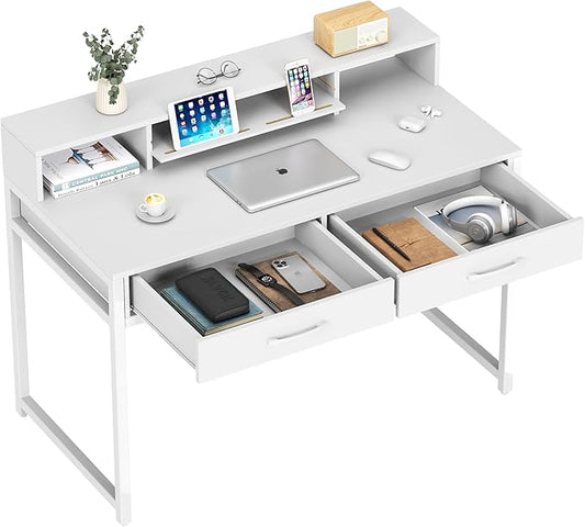 Computer Desk with Drawers, 47" Home Office Desk with Monitor Shelf, Writing Desk with Storage, Gaming Desk Work Desk Study Desk for Bedroom, White