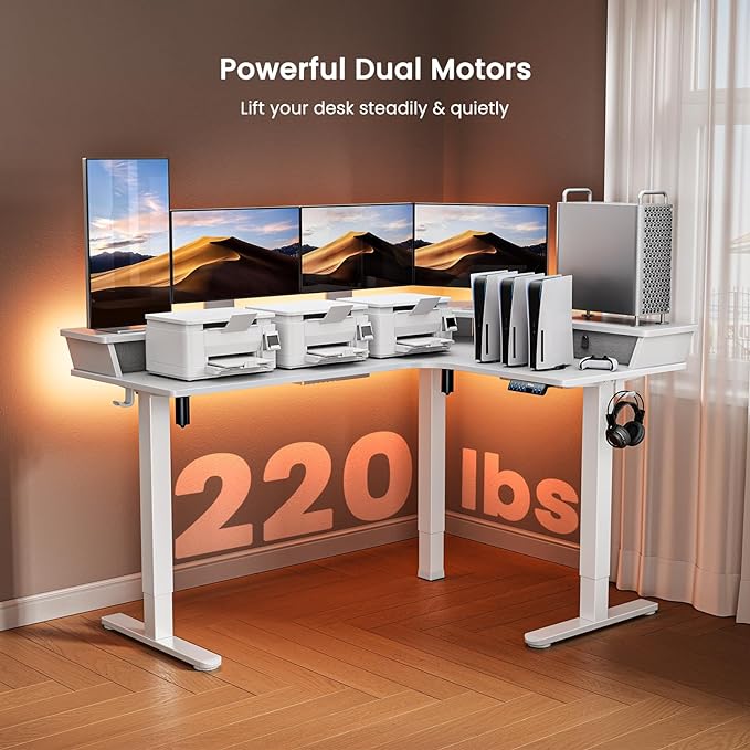 ErGear 65'' L Shaped Standing Desk for Gaming, [3 Drawers & 2 Cable Management Trays] Corner Stand up Desk [Compatible w/C-Clamp Mount] Height Adjustable for Home Office, White