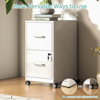 AQY 2 Drawer Mobile File Cabinet with Lock, Rolling Metal Filing Cabinets for Home Office, Vertical File Cabinet on Wheels, Small White File Storage Cabinets for Legal/Letter/A4 Files Assembly Require