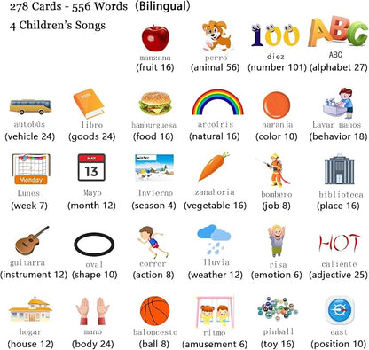 Startcan Spanish & English Talking Flash Cards for Girls 3-6, Audible Toys with Music to Learn Numbers 0-100, Letters, Phrases and More Spanish and English Vocabulary - 278 Cards and 556 Words(Pink)