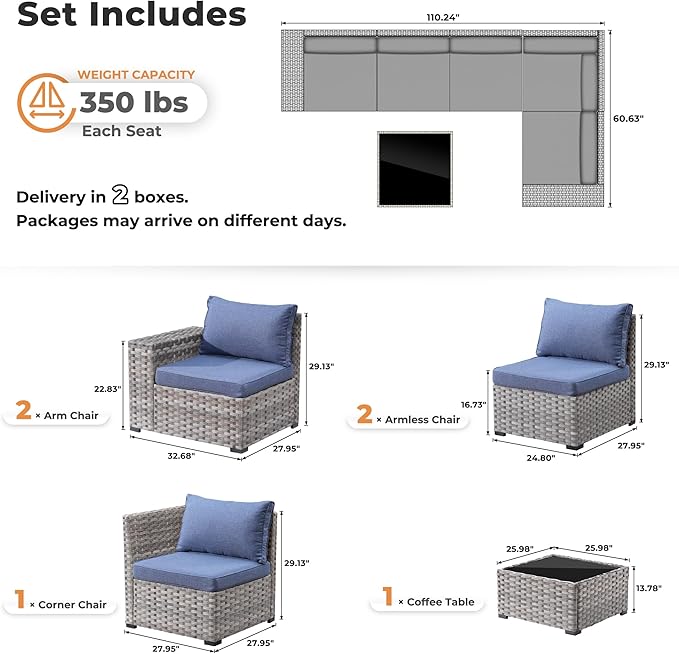 ovios 6 Pieces Patio Furniture Set, Outdoor Wicker Sectional Sofa with Glass Table Comfy Cushions, Modern Modular Deep Seat Couch Rattan Conversation Set, Denim Blue