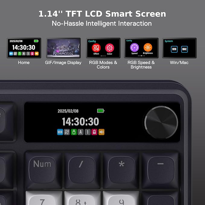 Redragon K762 PRO Wireless 104-Key Gasket Gaming Keyboard, Screen & Knob | Easy-Control LED Info Display, 0-Delay Tri-Mode, Cushioned 5-Layer Noise Dampening for Creamy Thocky Sound, Full-Size 104-Key
