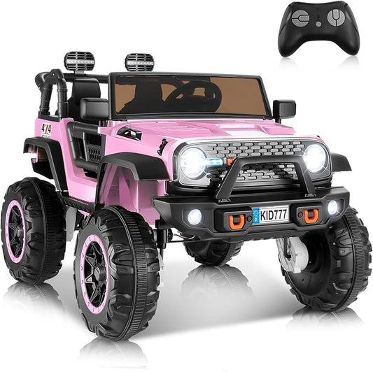 Hikole 24V 4WD/2WD Electric Kids Car with 4x4 Powerful Engine, Remote Control, Spring Suspension, Music, 2 Seater Electric Kids Ride on Truck W/20 Extra Wide Seat, Colorful LED Lights, Pink