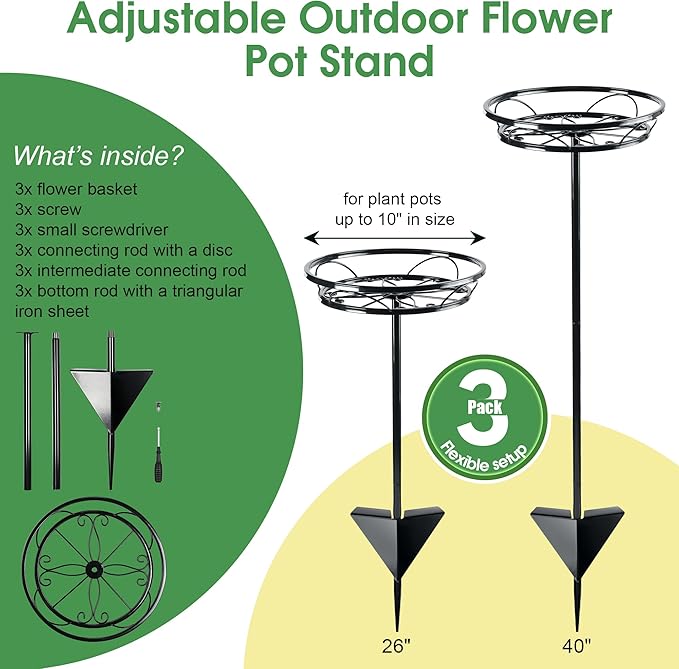 Tellingyou 3 Pack Adjustable Outdoor Flower Pot Stand, Metal Outdoor Plant Stands, Spring Summer Versatile Plant Stand Garden Stake for Display Plants, Elegant Solution for Landscaping Decor (Black)