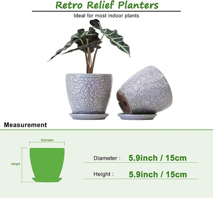 6 Inch Retro Ceramic Planter Set of 2 with Drainage Hole and Saucer for Plants, Indoor-Outdoor Garden Pots for Succulents, Orchids, and Flowers (Fits Inner Pots Up to 5 Inches, Light Blue)