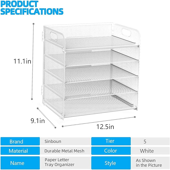 Letter Tray Paper Organizer 5-Tier Desk Organizer File Organizer Paper Holder with Handle, Metal Desktop Document Shelf Tray Office Classroom Organization - White