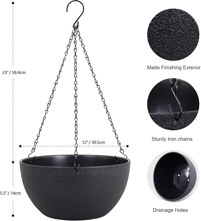 12 inch Large Hanging Planters for Indoor Outdoor Plants, 2 Pack Hanging Flower Pots with Drainage Holes and Chain for Garden Porch, Plastic Hanging Baskets for House Plants, Black