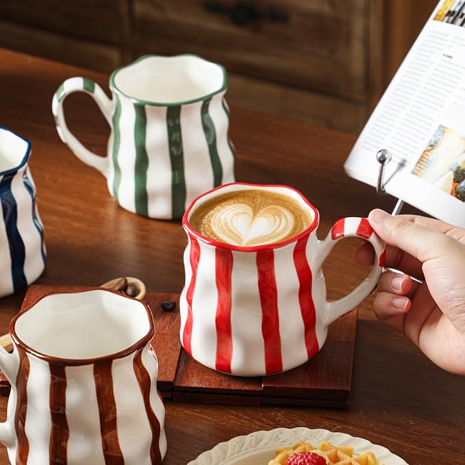 Ceramic Coffee Mugs Set of 4,Cute Mugs (Striped),14 oz Large Cups For Latte Tea Milk，Hand Painted Coffee Mugs Set Dishwasher Microwave Safe