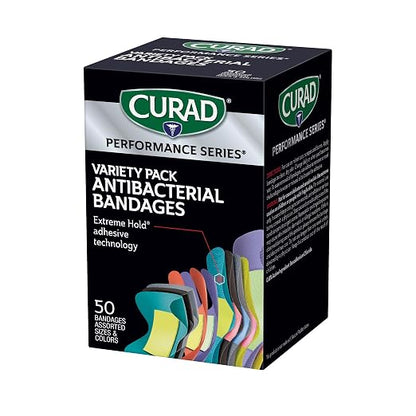CURAD Performance Series Antibacterial Bandages, Extreme Hold Adhesive Technology, Finger & Knuckle Bandages, Flexible Fabric, Variety Pack with Assorted Sizes & Colors, 50 Count