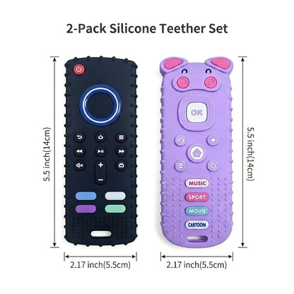 SOLIFEGOBLE 2 Pack Silicone Teething Toys, Cute Pig-Shaped Remote Control Style Teethers for Babies 6-18 18-24 Months, BPA-Free Soft Chew Toys for Teething Relief (Black+Purple)