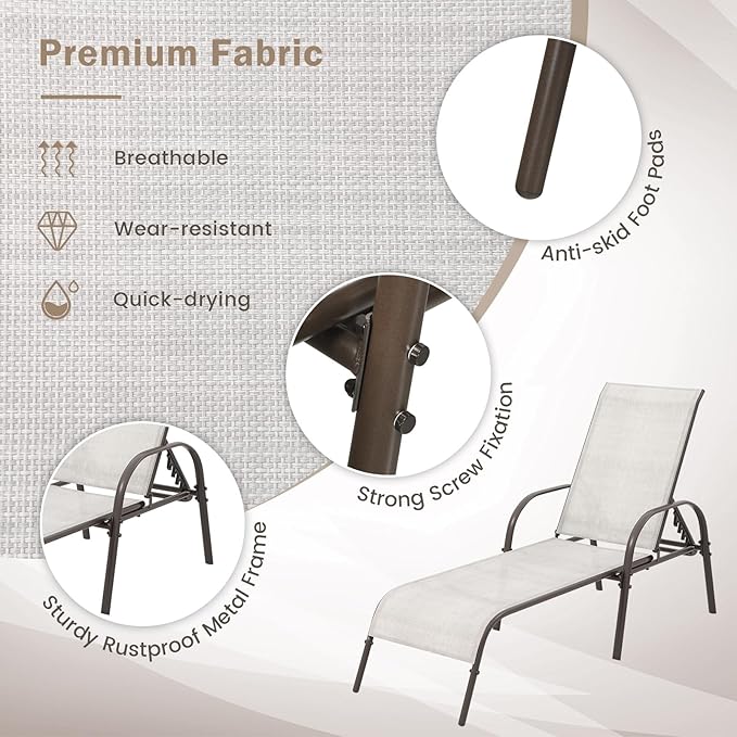 Giantex Set of 2 Patio Lounge Chair, Outdoor Chaise Lounge with 5 Adjustable Backrest, Sturdy Steel Frame, Sunbathing Recliner, Beach Chair, Tanning Chair for Outside, Yard, Balcony, Pool Chairs, Grey