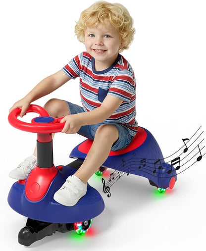 6V Electric Wiggle Car for Kids, 2-in-1 Ride On Swing Toy with Pedal, Adjustable Seat, 360° Steering, LED Flashing Wheels & Built-in Music, Anti-Rollover Ride-on Toy for Toddlers Ages 3+ Blue
