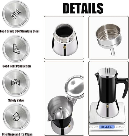 12 Cup Thickened 304 Stainless Steel Moka Pot Stovetop Espresso Maker Cafeteras Italian Percolator Espress Makers Capable Greca Mocha Coffee Machine for Induction Home and Camping 600ml 20oz