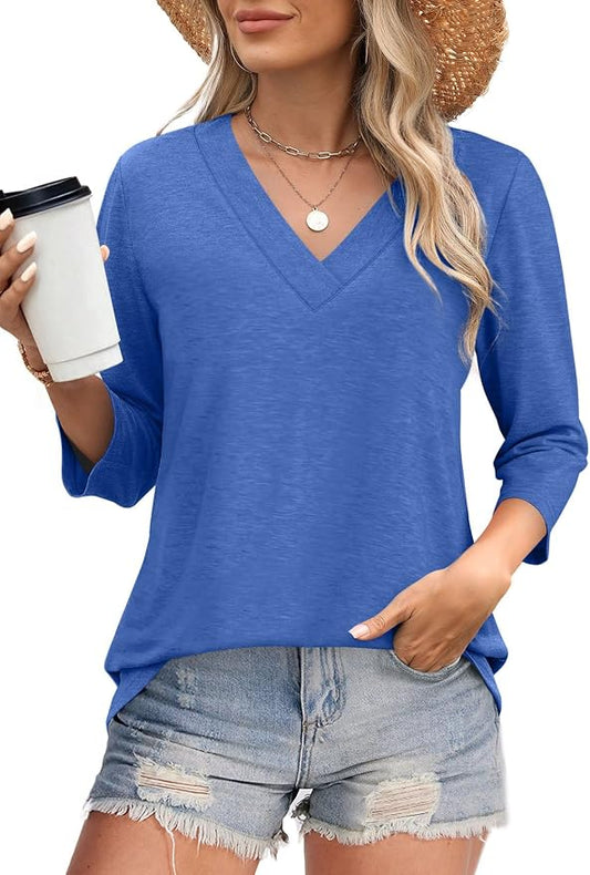 WIHOLL Womens Tops 3/4 Length Sleeve V Neck Casual Tunic Tops Basic Shirts Loose Fit Blouse