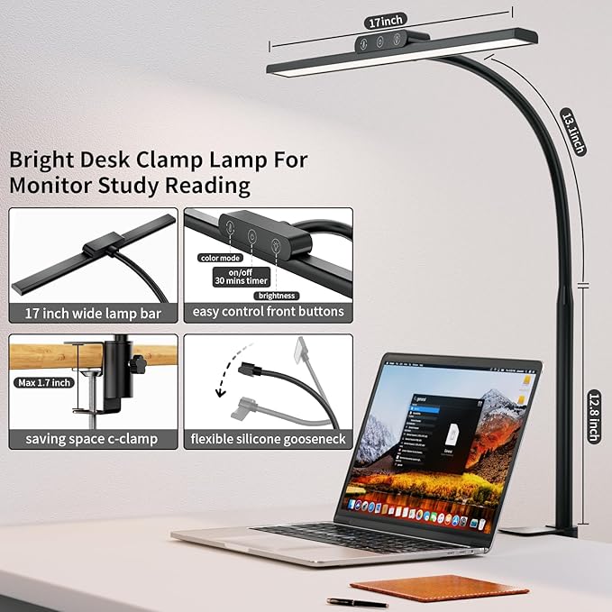KableRika Desk Lamp,Led Desk Lamps with Clamp,Architect Desk Lights for Home Office Desktop Office Lamp 4-Brightness 4-Color Eye Care Overhead Table Lamp for Computer Monitor Study Reading