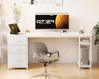 AODK 63 Inch Computer Desk with Drawers & USB Power Outlets | Reversible Home Office Desk with Storage Shelves, Work from Home, Modern Work/Writing/Study Table for Bedroom, White