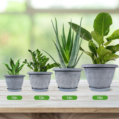 16 Inch Large Planter Pot for Plants Indoor Outdoor, 4 Pack Plastic Flower Pots with Drainage Hole & Tray, Modern Decorative Garden Pot with Saucer, Plant Container for House