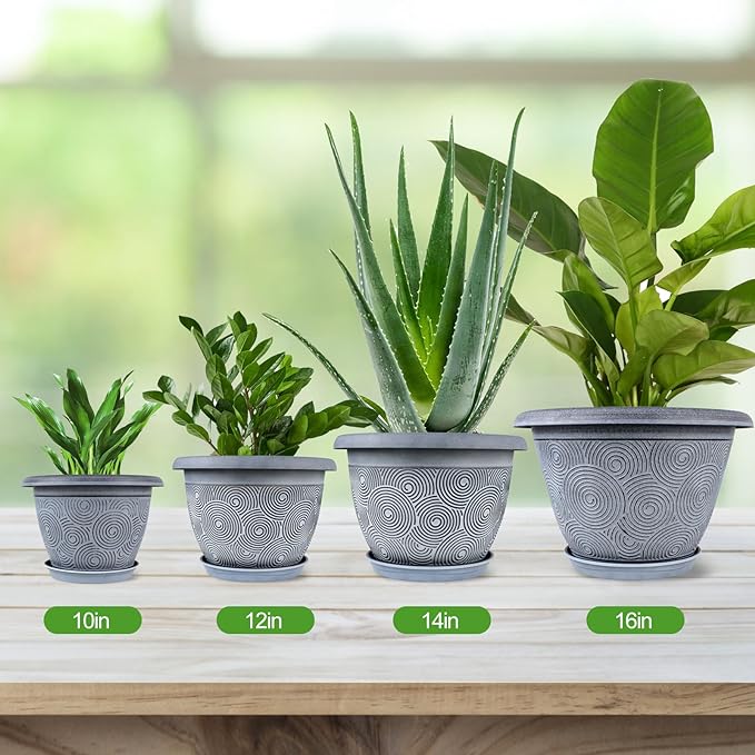 10 Inch Flower Pots Planters for Indoor Outdoor Plants, 3 Pack Plastic Large Plant Pots with Drainage Hole & Tray, Modern Decorative Garden Pot with Saucer, Plant Container for House