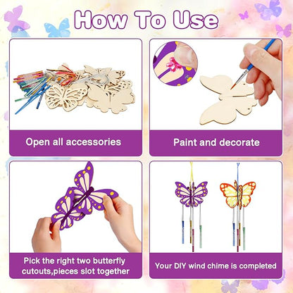 Fennoral 8 Pack 3D Butterfly Wind Chime Kit for Kids Make Your Own Butterfly Wind Chime Wooden Arts and Crafts for Kids DIY to Paint Butterfly Craft for Spring Art Activity Mother's Day Decoration