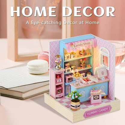 Kisoy Dollhouse Miniature with Furniture Kit, DIY 3D Wooden DIY House Kit with Dust Cover,Handmade Tiny House Toys for Teens Adults Gift (Yummy Candy)