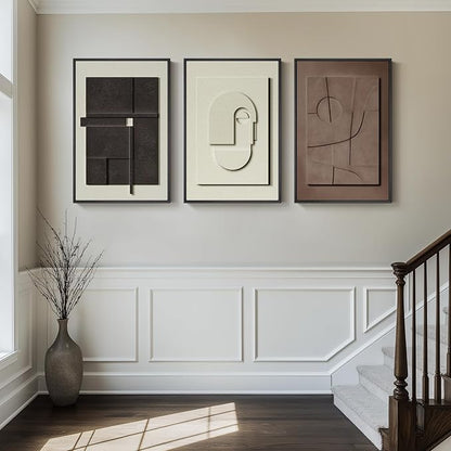 3D Textured Framed Abstract Wall Art, 3 Piece Modern Paintings Artwork for Walls, Black White Brown Geometric Sandstone Texture Pictures for Living Room Dining Room Bedroom Office Wall Decor 16x24 In